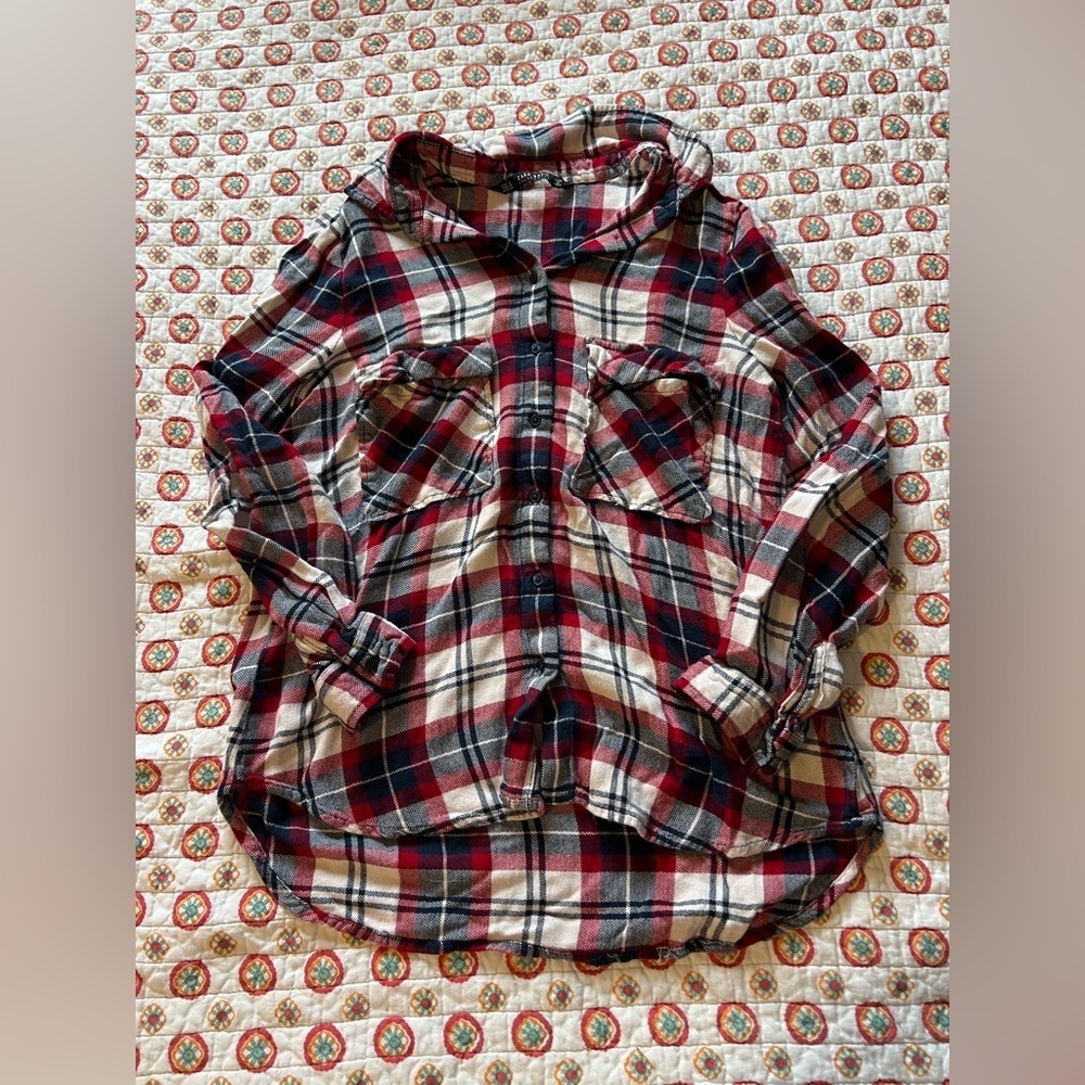 Zara Navy Blue Red White Flannel Button Down Long Sleeve size medium